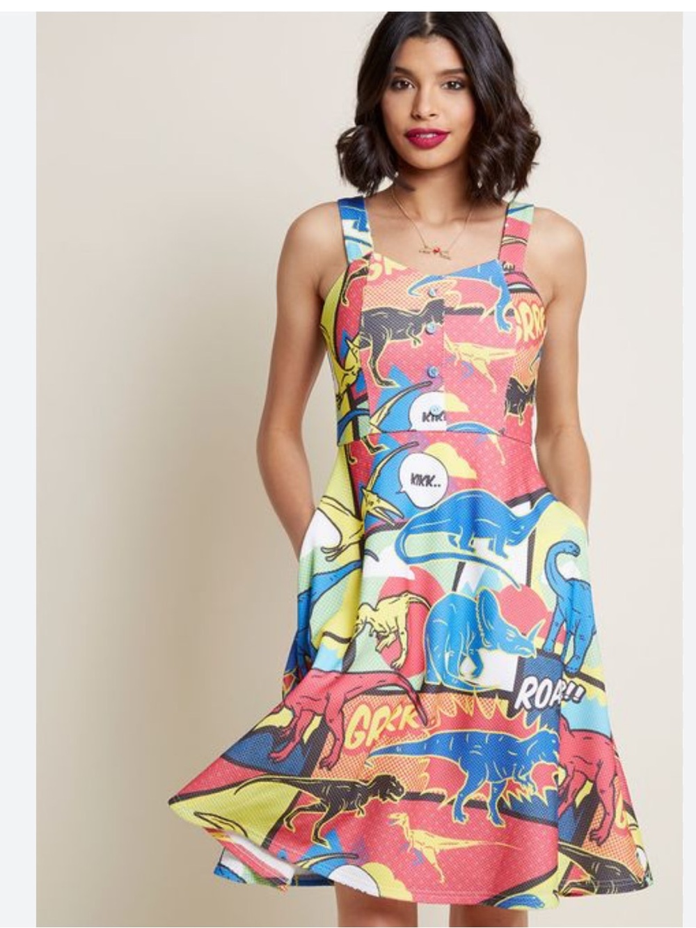 ModCloth Colorful Pop Art Dinosaur Fit & Flare Dress